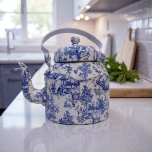 Vintage Blue Toile Ceramic Teapot – Handcrafted Decorative Kettle for Classic Home & Kitchen Decor
