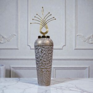 Regal Carved Tall Vase with Golden Crown Topper – Luxury Antique-Style Home Decor