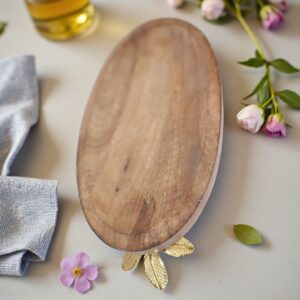 Handcrafted Wooden Serving Platter with Gold Leaf Stand