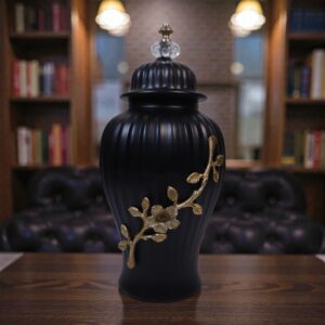 Black & Gold Floral Lidded Jar – Premium Decorative Ceramic Accent
