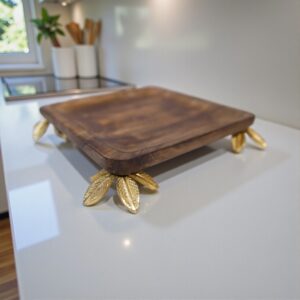 Handcrafted Wooden Serving Platter with Gold Leaf Legs – Luxe Decorative Tray