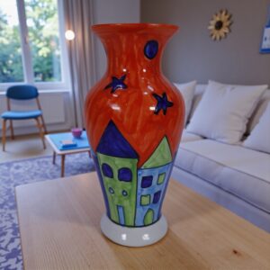 Starlit Village Hand-Painted Art Vase