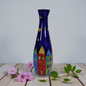 Midnight Village Tall Hand-Painted Art Vase