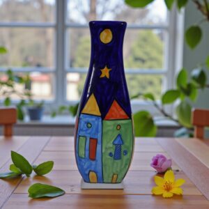 Starlit Townscape Tall Hand-Painted Ceramic Vase