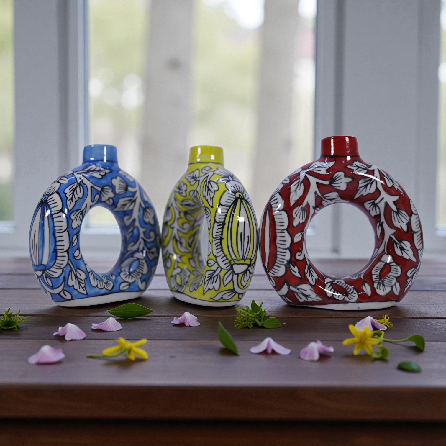 Floral Ring Vase Trio – Handcrafted Ceramic Decor (Blue, Yellow & Red)