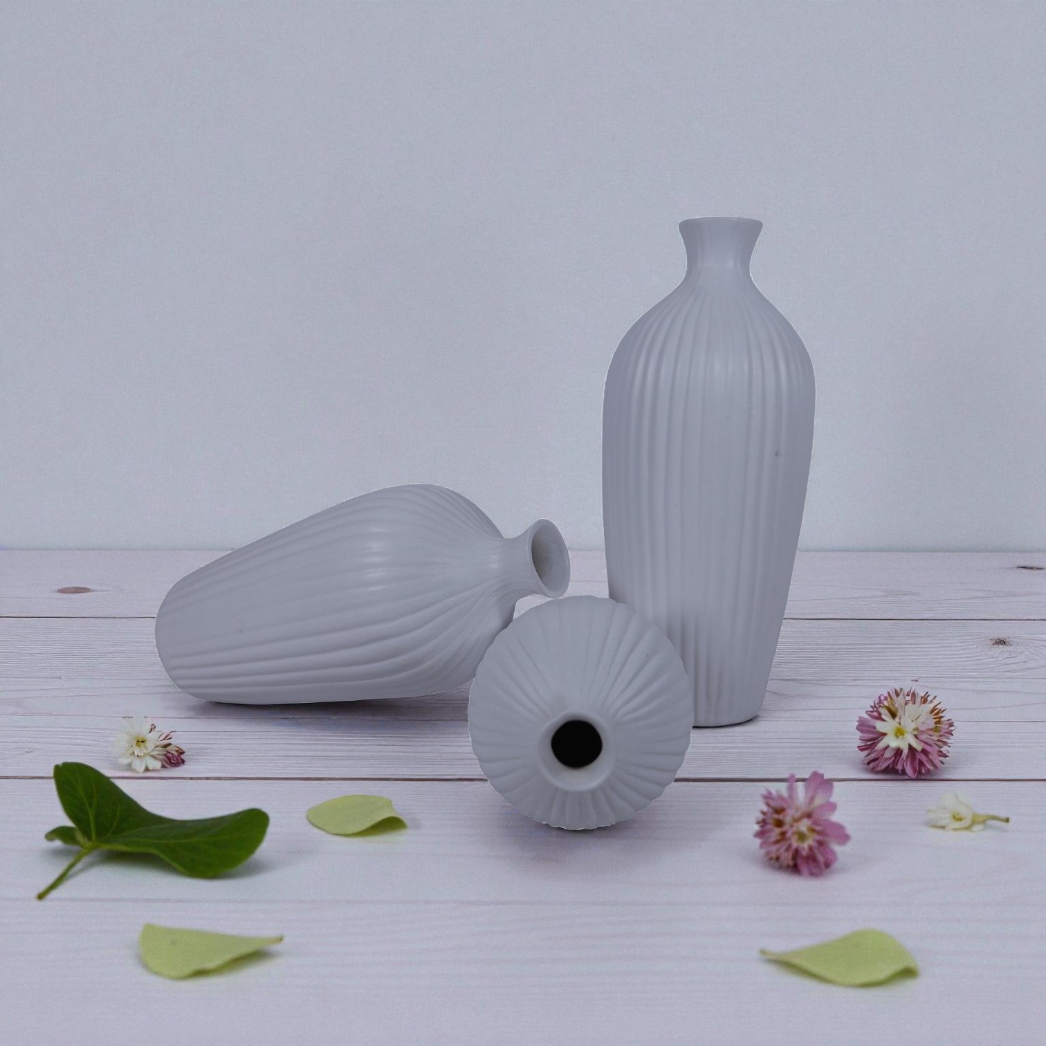 Minimalist Ribbed Ceramic Vase Set – Modern Nordic White Decor (3-Piece Collection) - Image 2
