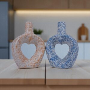 Heart-Hollow Ceramic Vase – Handcrafted Splatter Art (Blue & Orange)