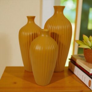 Mustard Decorative Ceramic Vase Set – Modern Ribbed Room Decor